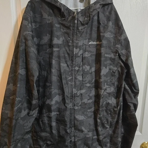 Eddie Bauer Gray Camo Rain Jacket Full Zip Hooded Windbreaker New TXL /0034 - Picture 1 of 3